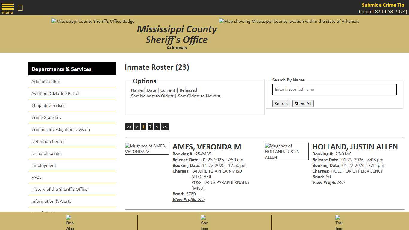 Inmate Roster - Released Inmates Booking Date Descending - Mississippi County AR Sheriff